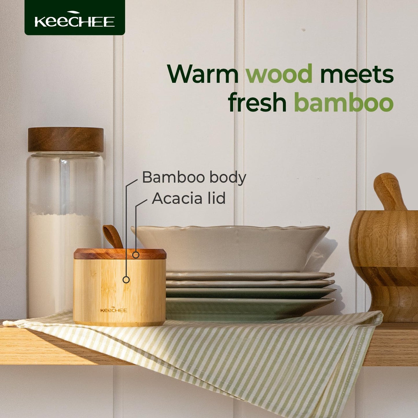 keechee Bamboo Salt Cellar with Acacia Lid & Spoon, 7.7oz Capacity with Built-In Spoon Slot & Labels, Two-Tone Countertop Seasoning Container (Single Compartment - 1 Pack)