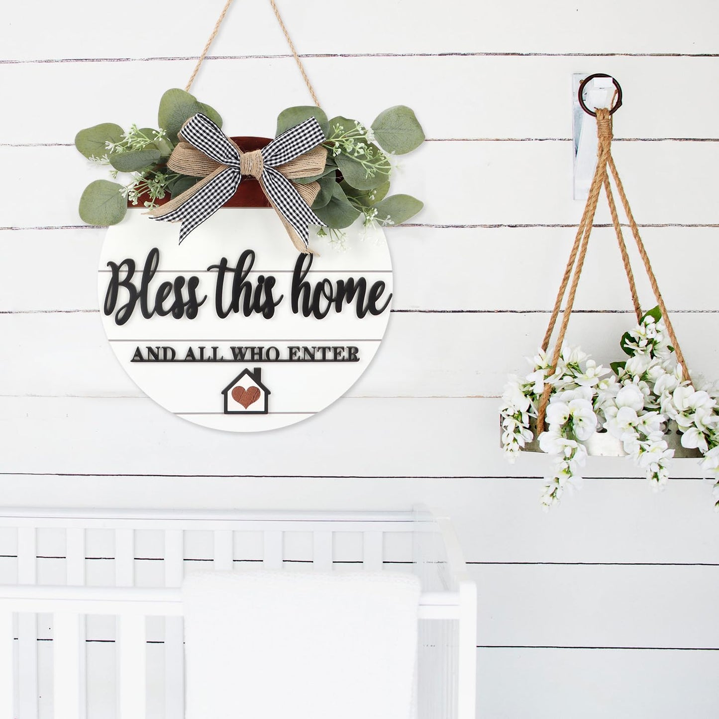TOARTi 3D Bless This Home Wooden Door Sign Hanging, Welcome Porch Wall Sign with Bow-Knot Wreath, Bless This Home and Who Enter Sign Housewarming Gift for Kitchen/Entryway/Porch/Front Door