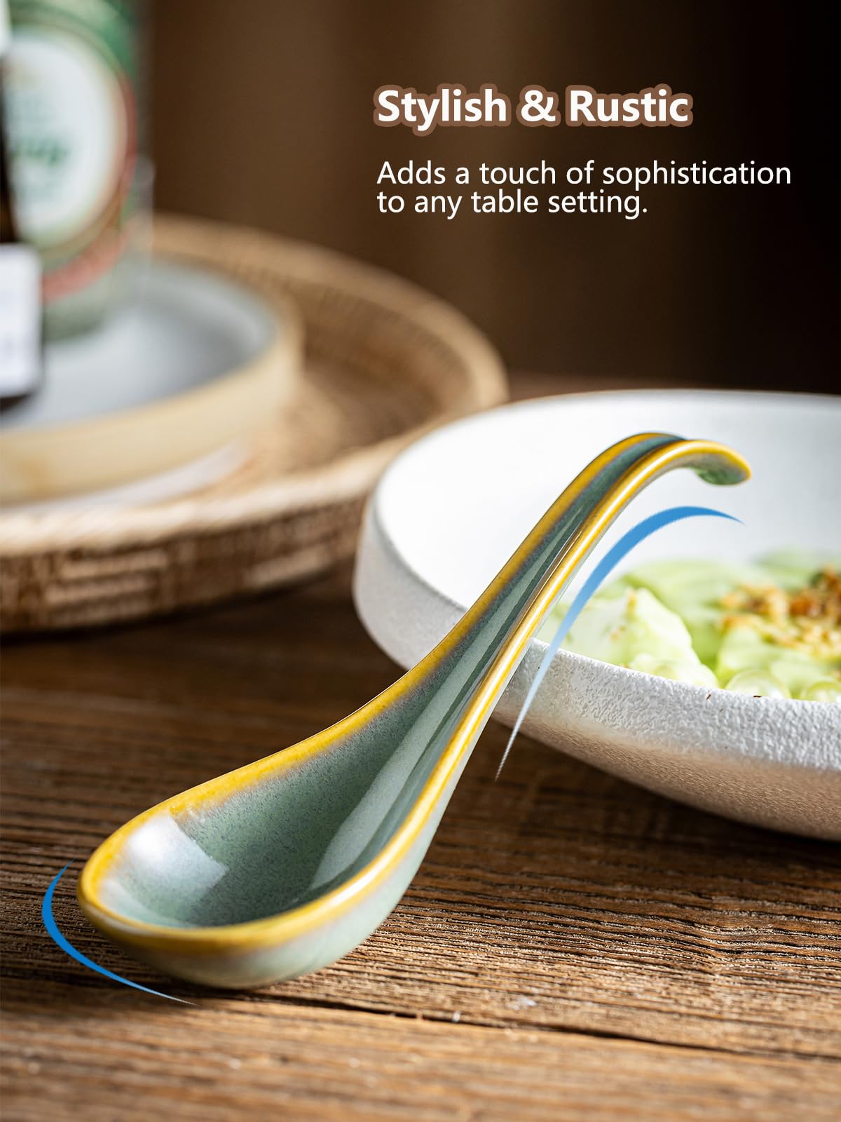 Gomakren Soup Spoons Set of 6, Asian Soup Spoons 6.5 Inch Ramen Spoons, Father's Day Christmas Ceramic Chinese Spoon Set for Soup, Cereal, Pho, Noodles, Dumpling, Dishwasher Safe, Blue-Green