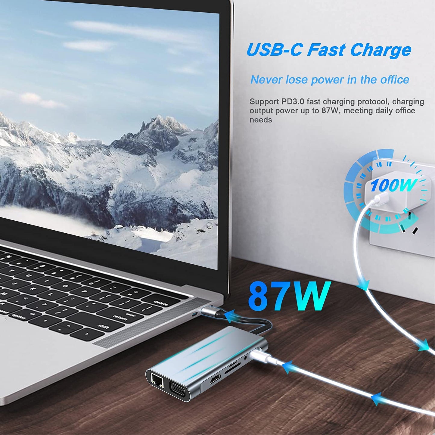 USB C HUB, Docking Station, 11-in-1 USB C Adapter with 4K-HDMI, VGA, USB 3.0 port, Type C PD, RJ45 Ethernet, SD/TF Card Reader, 3.5mm AUX, Compatible with MacBook Pro/Air, More Type C Devices