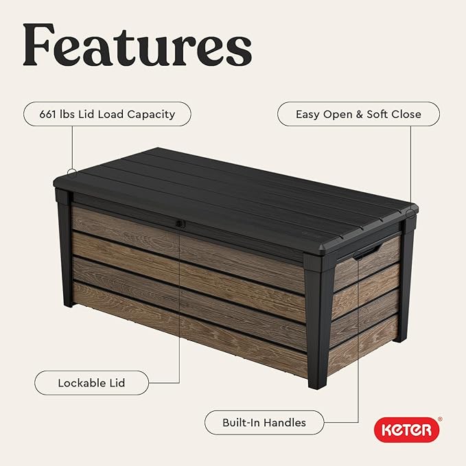 Keter Everwood 120 Gallon Resin Signature Collection Large Outdoor Storage Box for Patio Furniture, Outdoor Cushions, Garden Tools and Pool Gear, Walnut