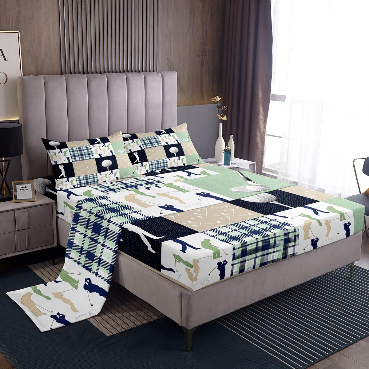 Castle Fairy Golf Plaid Bed Sheet Set for Boys Girls,Ball Sports Lover Style Bed Sheet Set Full Size Bedding Set,Green Buffalo Grid Geometric Fitted Sheet and 1 Flat, 2 Pillow Sham