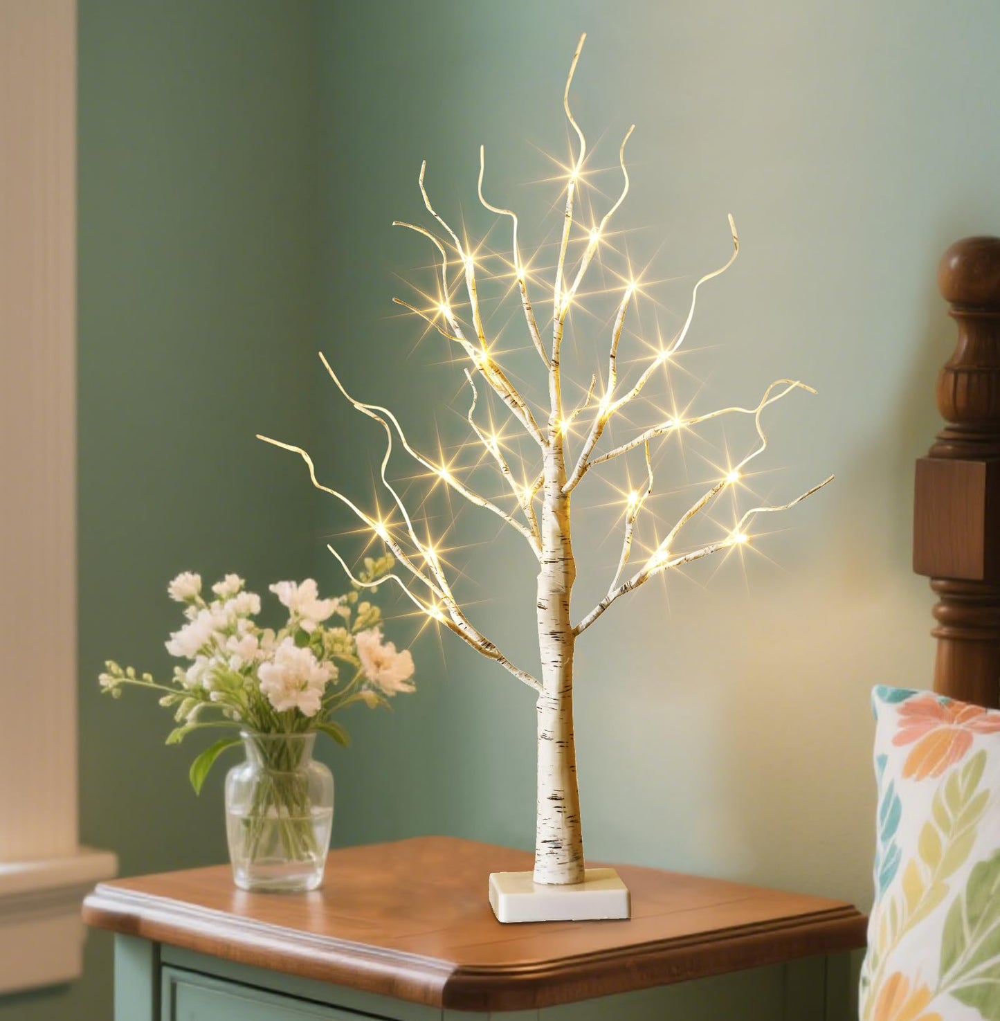 EAMBRITE Lighted Birch Tree Christmas Decorations for Home, White Birch Tree with Lights, 24 LED Lighted Mini Money Tree Twig Tree Battery Operated with Timer, Indoor Table Centerpiece Decor (2FT)