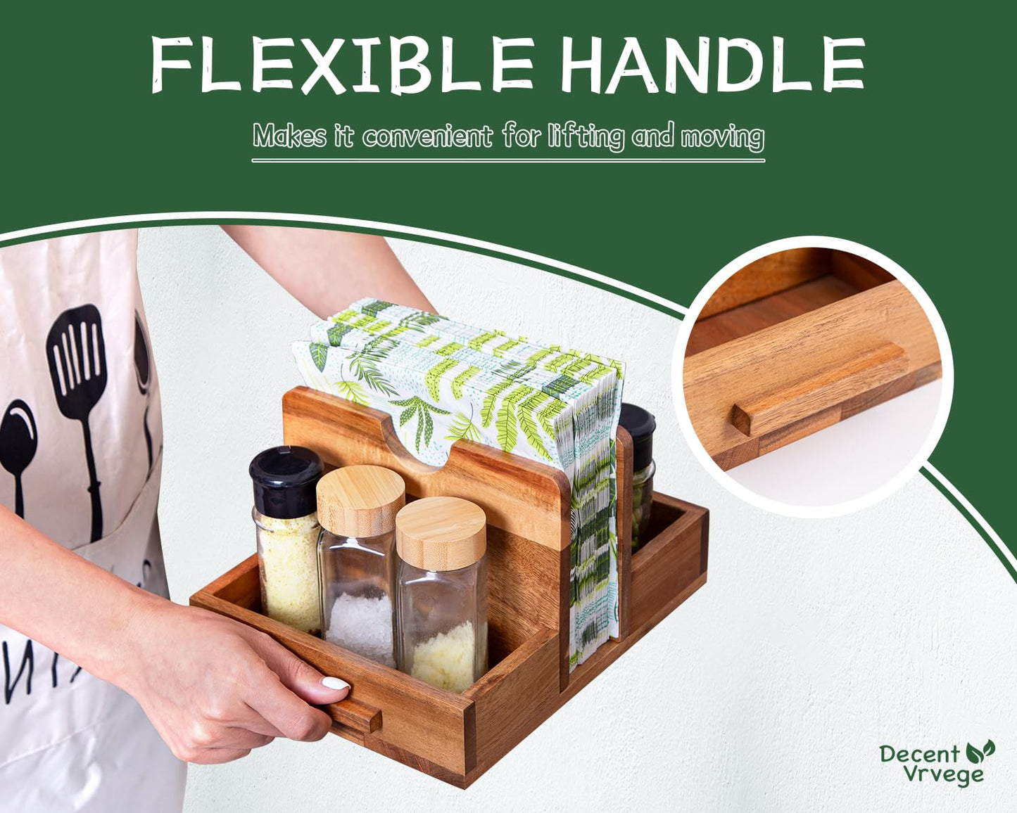 Decent Vrvege Napkin Holder, Napkin Holders with Built-in Salt Pepper Shakers Caddy, Acacia Wood Napkins Dispenser for Dining Table Countertop, Upright Paper Stand - Keep Your Kitchen Tidy & Organized