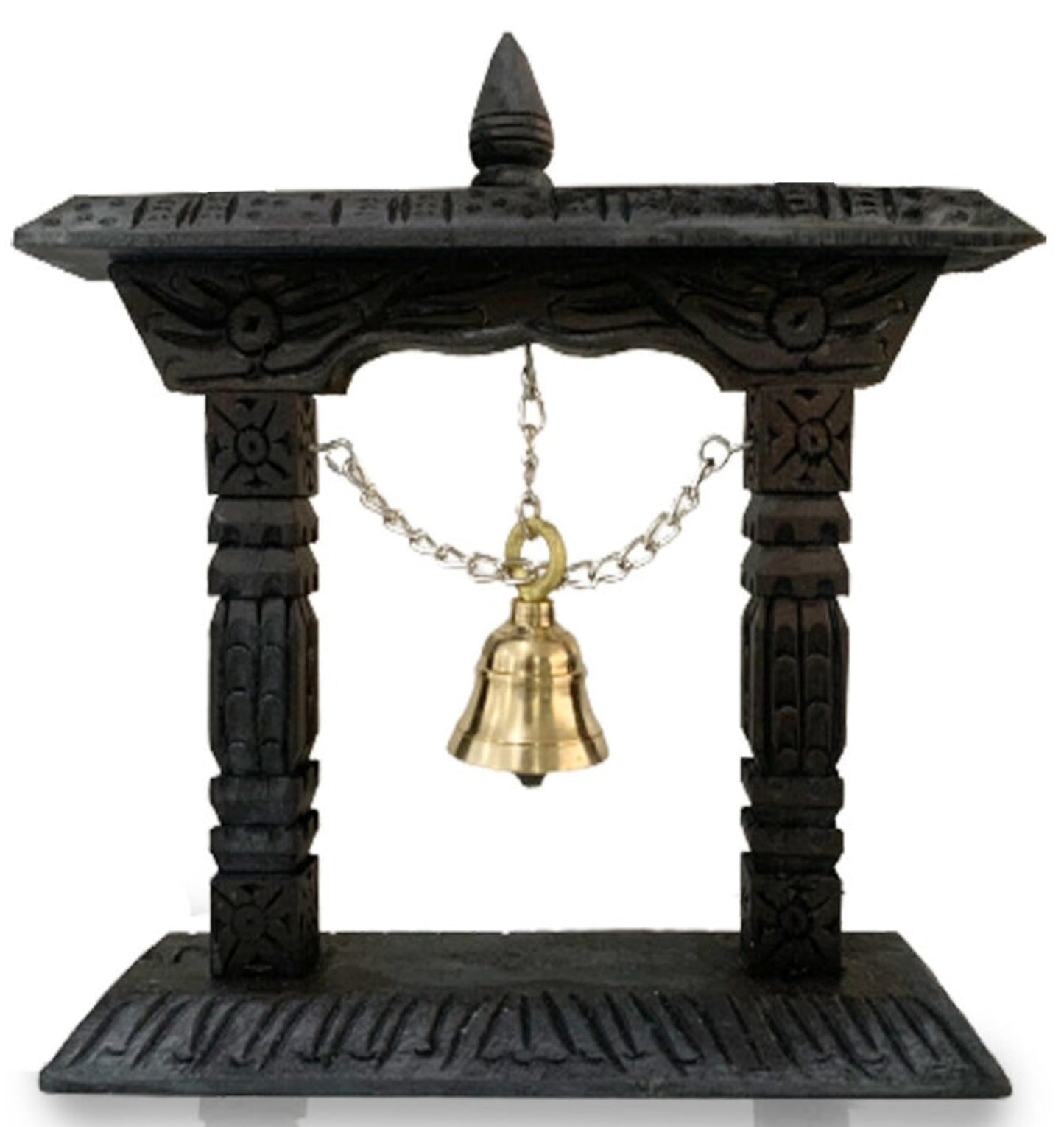 Himalayan Craft Traditional Table Brass Bell On Wooden Frame Pooja Hand Bell Ghanti for Temple Home Store for Puja Gift Decoration & Collections - Handmade in Nepal