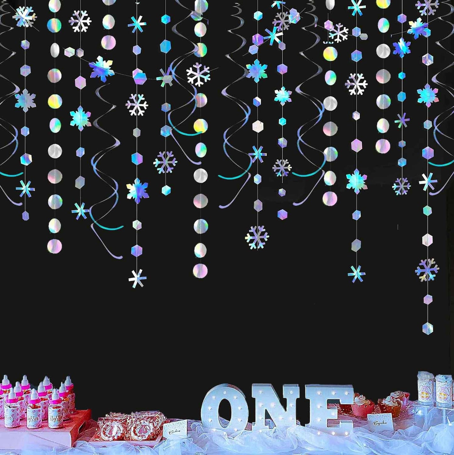 Winter Wonderland Party Decoration Iridescent Snowflake Circle Dots Garland Iridescent White Hanging Swirls Holographic Paper Set for Onederland Christmas Frozen Birthday Wedding Bridal Party Supplies