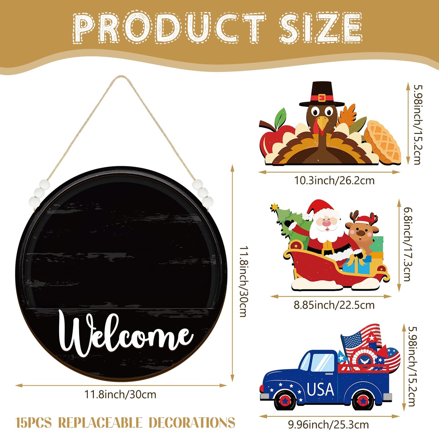 Sintuff 16 Pcs 12 Inch Interchangeable Welcome Sign for Front Door Wood Seasonal Magnetic Icon Holiday Wreath Decor Rustic Hanging Sign for Patriotic Summer Home Warming Gift(White Word, Black Back)