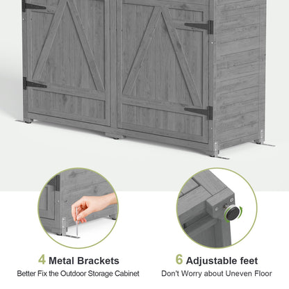 Gizoon Outdoor Storage Cabinet with Waterproof Roof, Double Lockable Doors Garden Shed with 2 Removable Shelves, Wooden Storage Shed with Large Storage Space for Patio, Garden, Backyard, Lawn, Grey