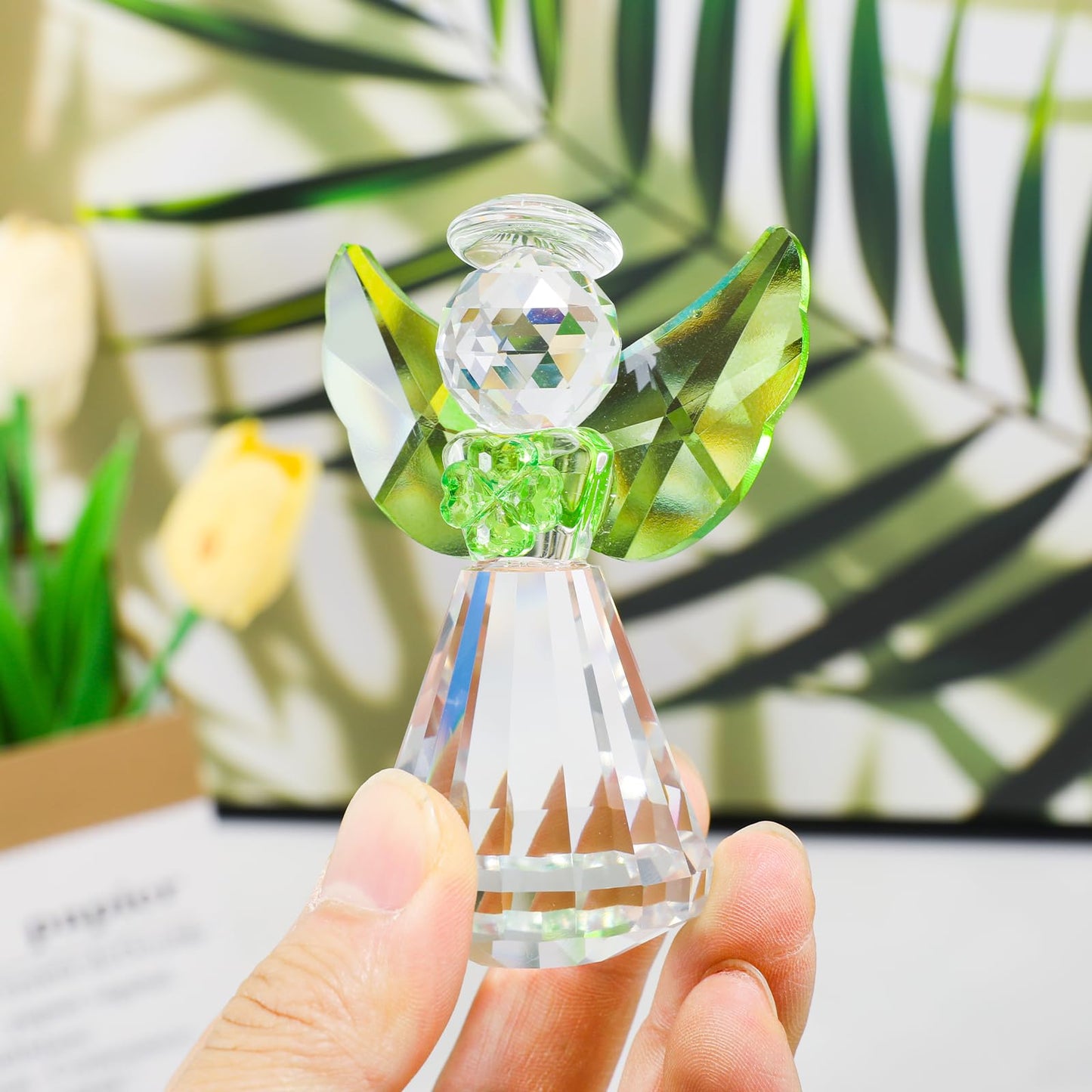 MysticGlitz 3.35in Crystal Guardian Angel Figurine with Green Four‑Leaf Clover, Handcrafted Ornament, Lucky Tabletop Decor Paperweight, Gift for Women Mother's Day Birthday Christmas(Green)