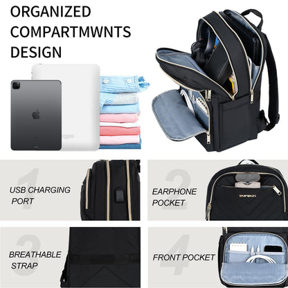 EMPSIGN Womens Backpack Laptop Backpack for Women with USB Charging Port, 15.6 Inch Travel Water Resistant Quilted Backpack, High-Capacity 30L Work Business Computer Backpack, Black