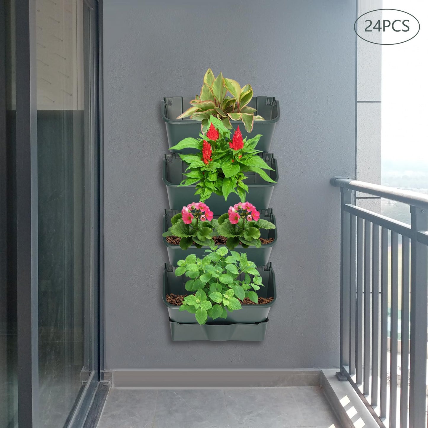 24 Pack Hanging Vertical Wall Planter,12.99inch Wall Mounted Planter for Patio Outdoor Decor,Home Army Green Plastic Pot Balcony Plant Vegetable Fruit Herb Hanging Pocket Holder Flowerpot (Army Green)