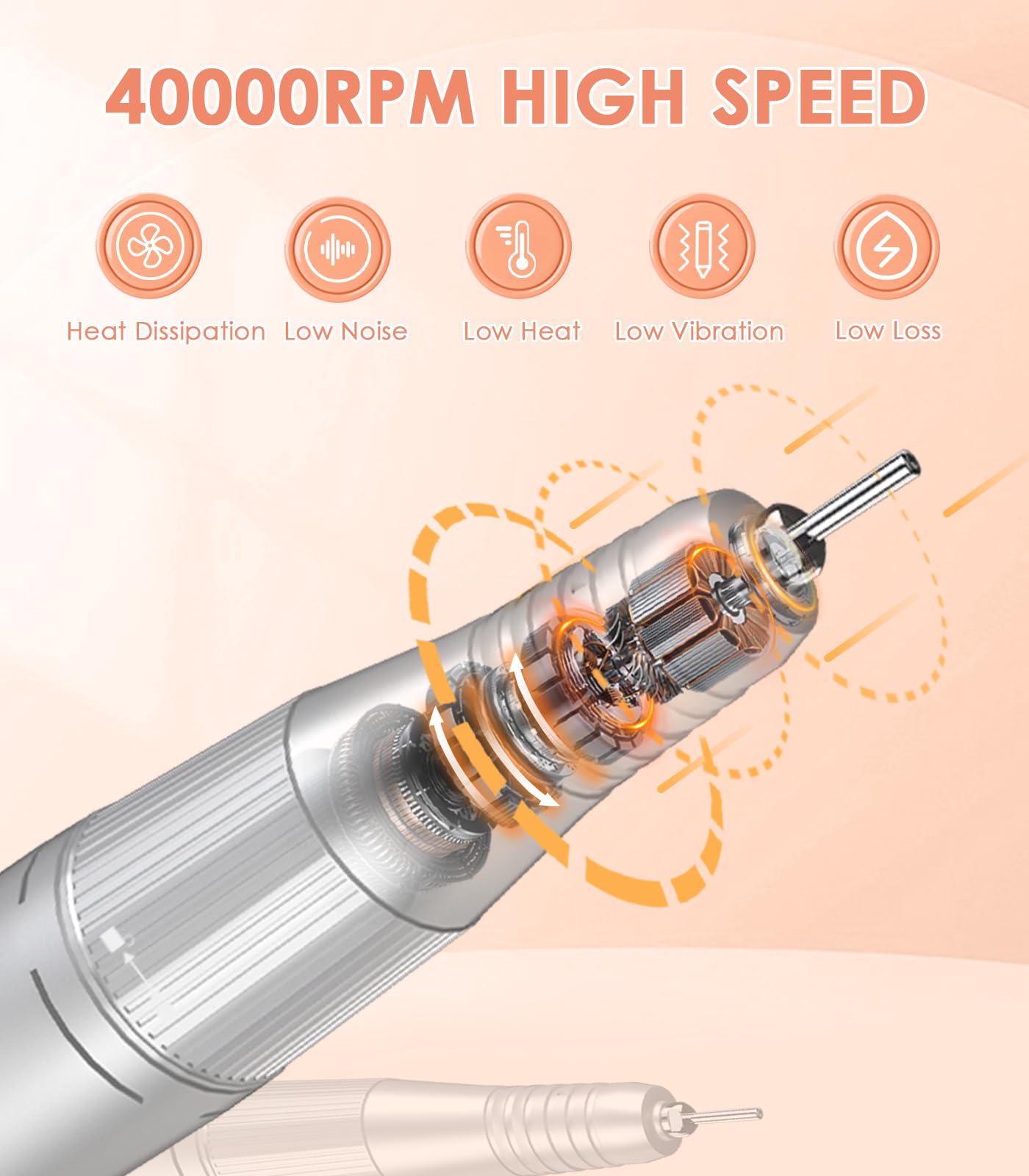 Portable Nail Drill Electric File: 40000RPM Professional Rechargeable Nail E-File Machine, Cordless Nail Drill with Bits & Base for Acrylic Nails Remove Nail Gel Polish Manicure for Salon Home, White