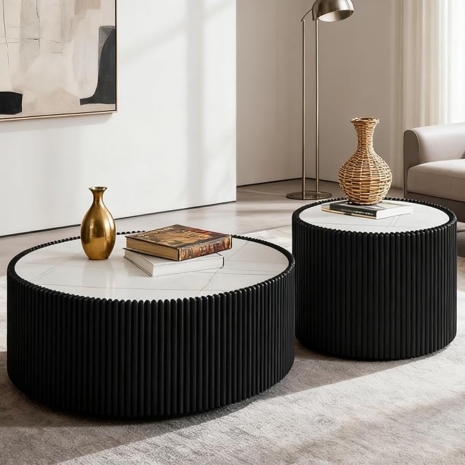 Round Marble Coffee Table Set of 2, 2 Piece White Coffee Table and End Table Set