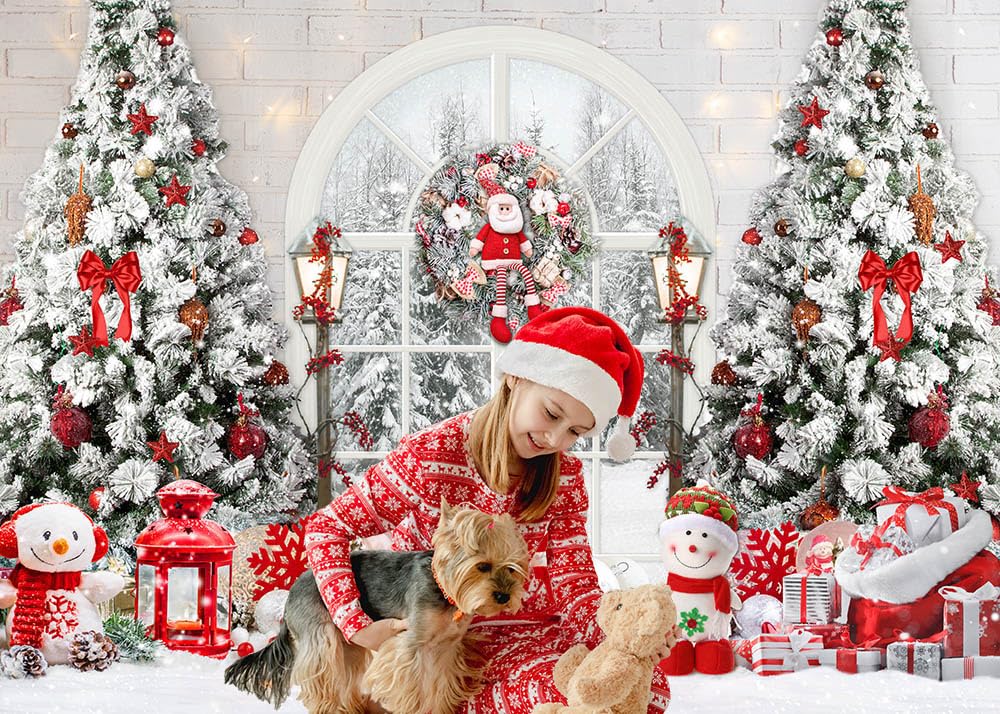Mocsicka Classic Christmas Interior Room Photography Backdrop Red and White Christmas Tree Window Photo Background Winter Family Kids Holiday Party Banner Decorations Photo Booth Props