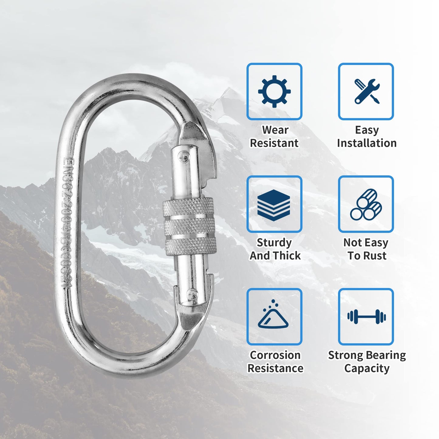 EMEKIAN 4 Pack Oval Indoor Outdoor Climbing Carabiner, Screw Locking Heavy Duty Safety Caribeener Clips, 25 KN (5600 LBS) for Hammock, Rope, Hiking, Camping