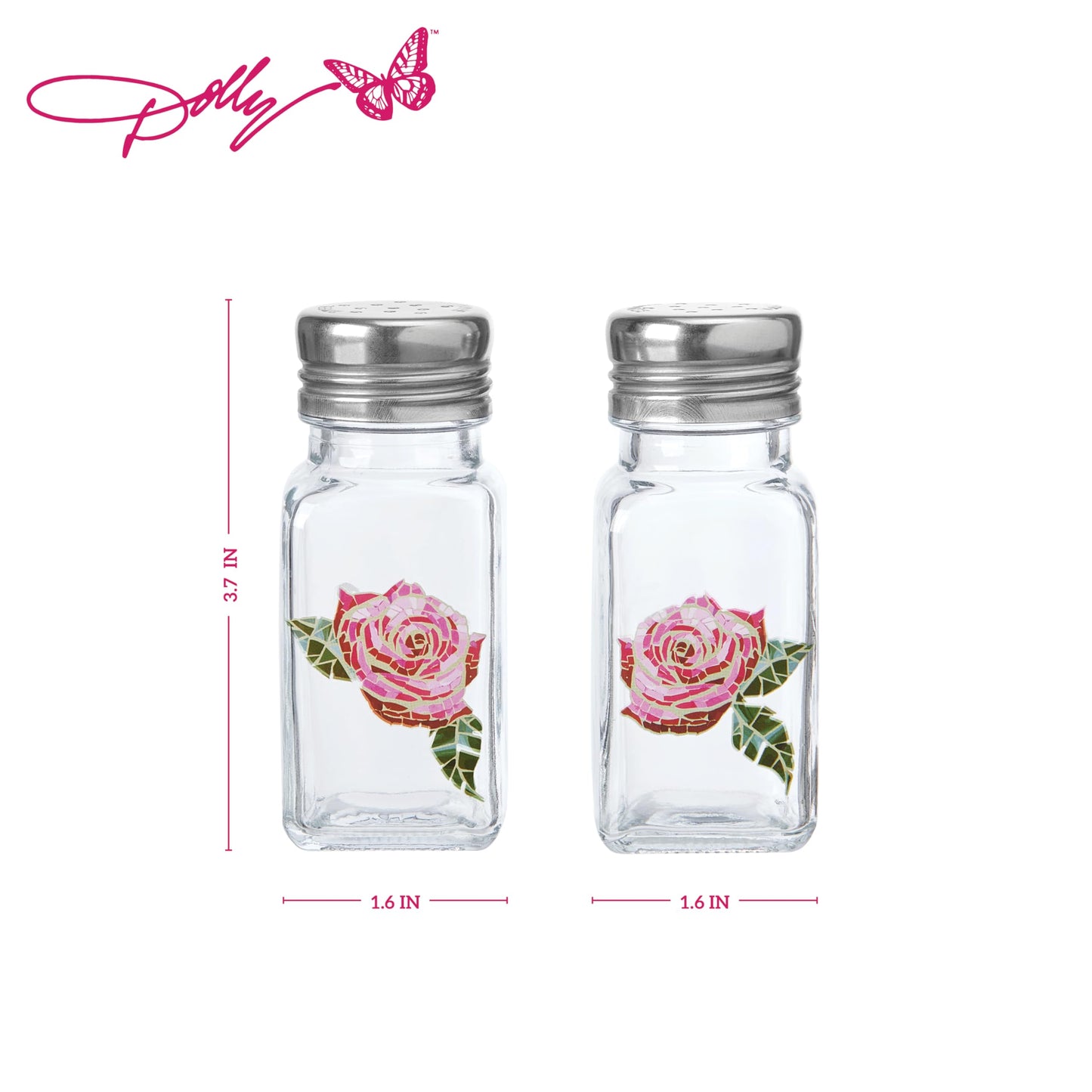 Dolly Parton Glass Salt and Pepper Shakers with Mosaic Rose Design, Easy to Fill, Set of 2, 3 Ounce