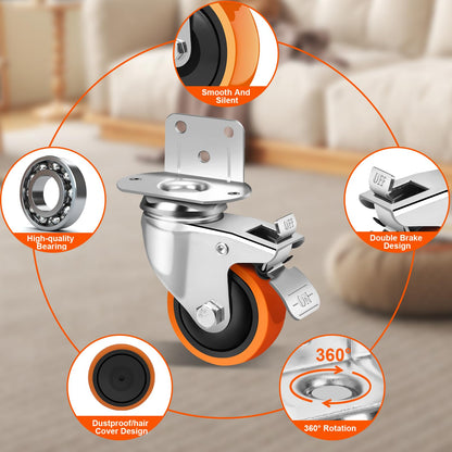 3 Inch Side Mount Casters Set of 4, L-Shape Heavy Duty Plate Caster Wheels 1000 LBS,Swivel Castors with Brakes,Silent Rubber Wheels for Furniture, Carts,Table,Office Chair