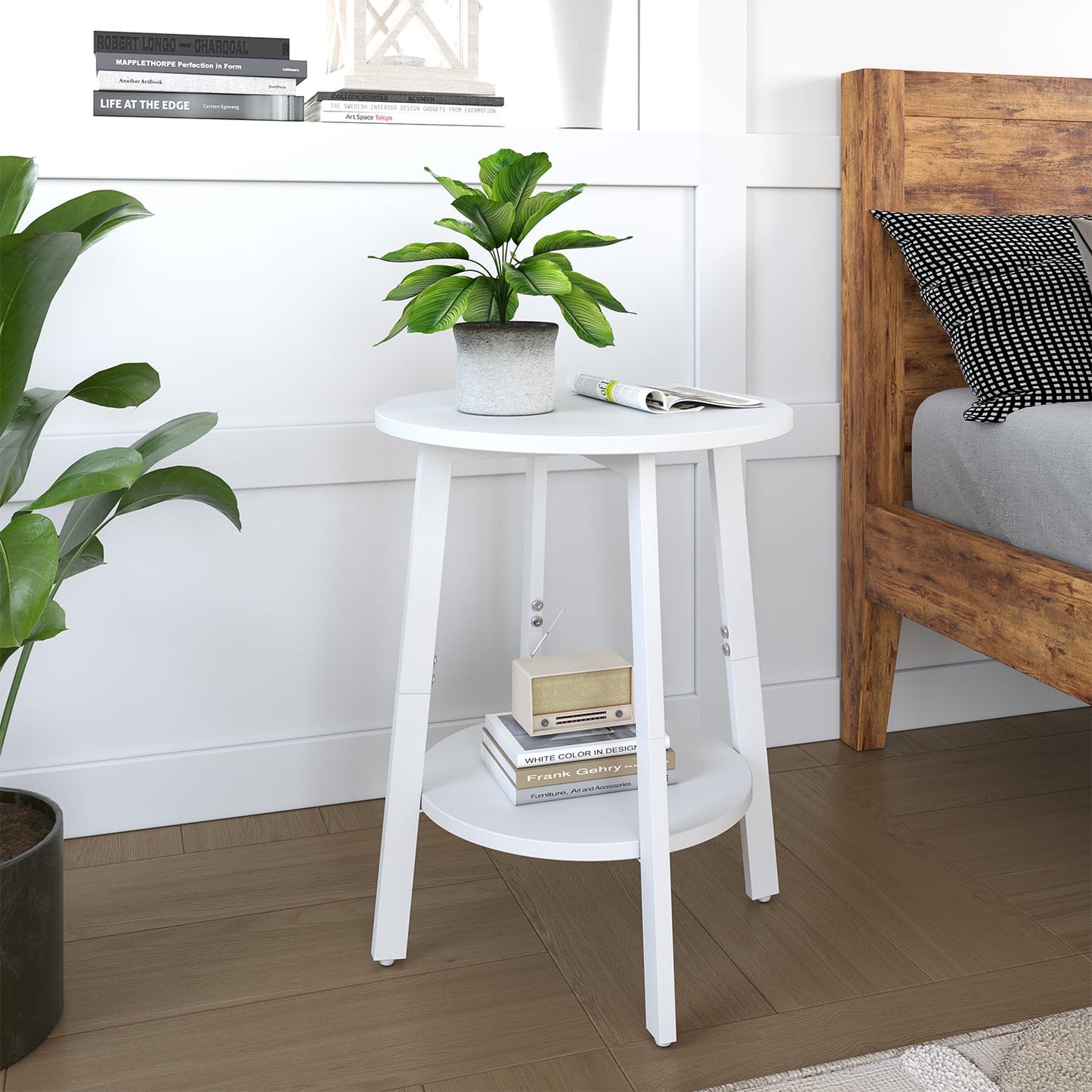 sthmec Side Table, Small Round End Table with Storage Shelf for Small Space, 2-Tier Bedside Table Sofa Couch Table, Round Accent Table Nighstands for Living Room, Bedroom,White