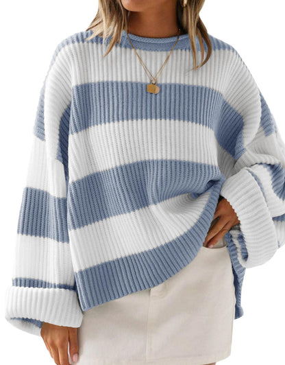 ZESICA Women's 2025 Fall Long Sleeve Oversized Striped Color Block Comfy Loose Crew Neck Knitted Pullover Sweater