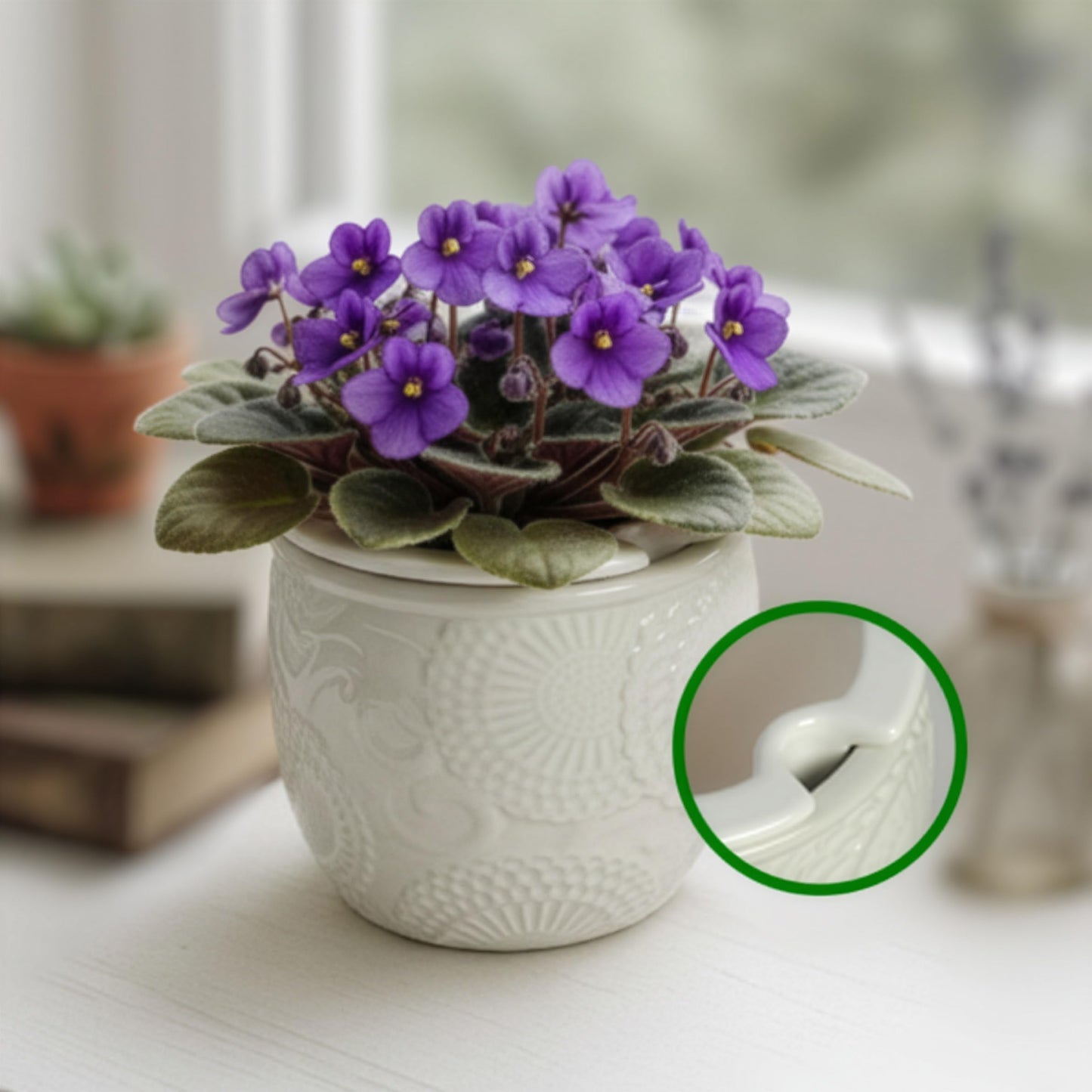 HERDUK 6.5” Ceramic Self Watering African Violet Planter with Embossed Floral Design – Durable Indoor Plant Pot for Orchids, Succulents, and Houseplants