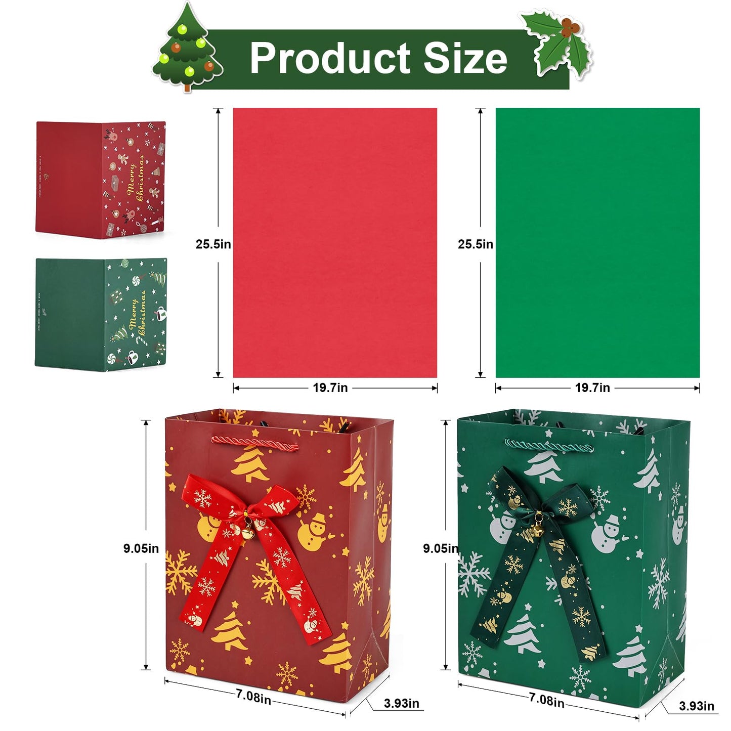 JMANNI Christmas Gift Bags, Christmas Bags with Tissue Paper, 2 Styles christmas bags for gifts, Small Gift Bags With Christmas bells, Xmas Paper Bags, Gifts Wrapping, Party Favors Holiday Gift Bags