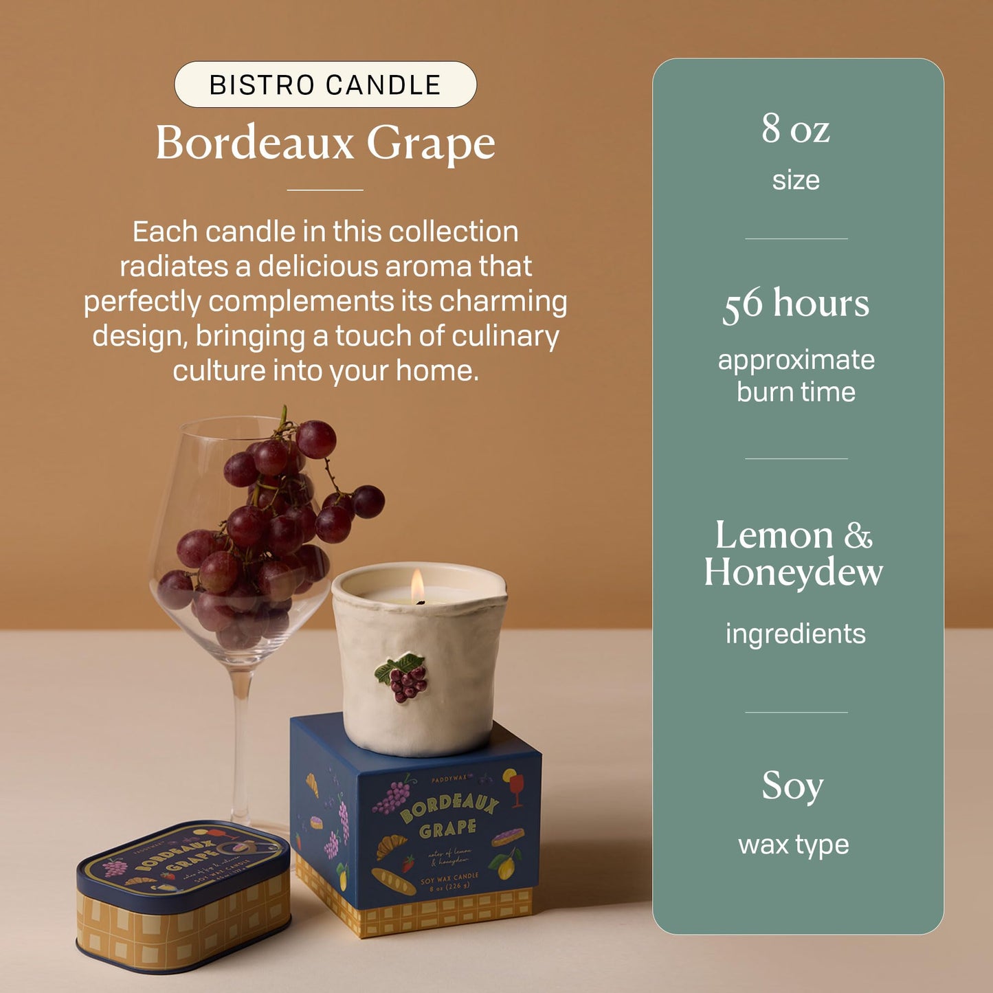 Paddywax Bistro Hand Painted Scented Candle in Ceramic Reusable Food-Safe Jar with Gift Box, Soy Candle with Approx. 56 Hour Burn Time, Bordeaux Grape, 8 oz