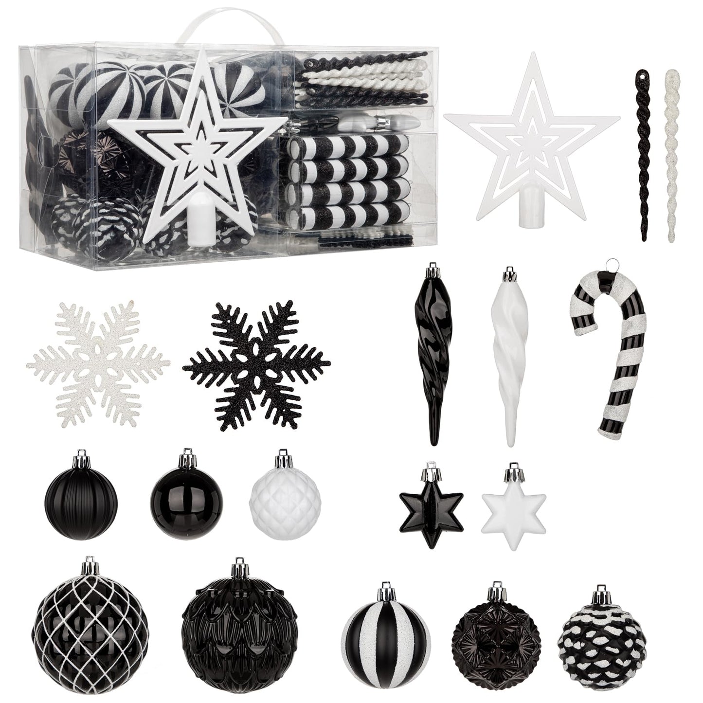 Briful 80ct Black & White Christmas Balls Ornament Set, Plastic Shatterproof Christmas Ornament Balls with Tree Topper Candy Canes Snowflakes for Xmas Tree Wreath Garland Decor