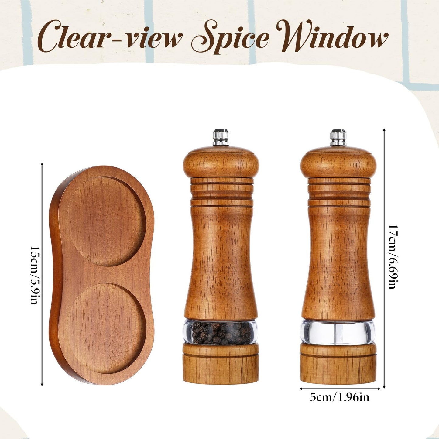 MySHUCE 2 Pack Wooden Salt and Pepper Grinder With Salt & Pepper Mill Tray, Adjustable Ceramic Grinding Rotor Manual Spice Grinder Refillable Salt Mill Sets with Acrylic Visible Window for Home Cooks