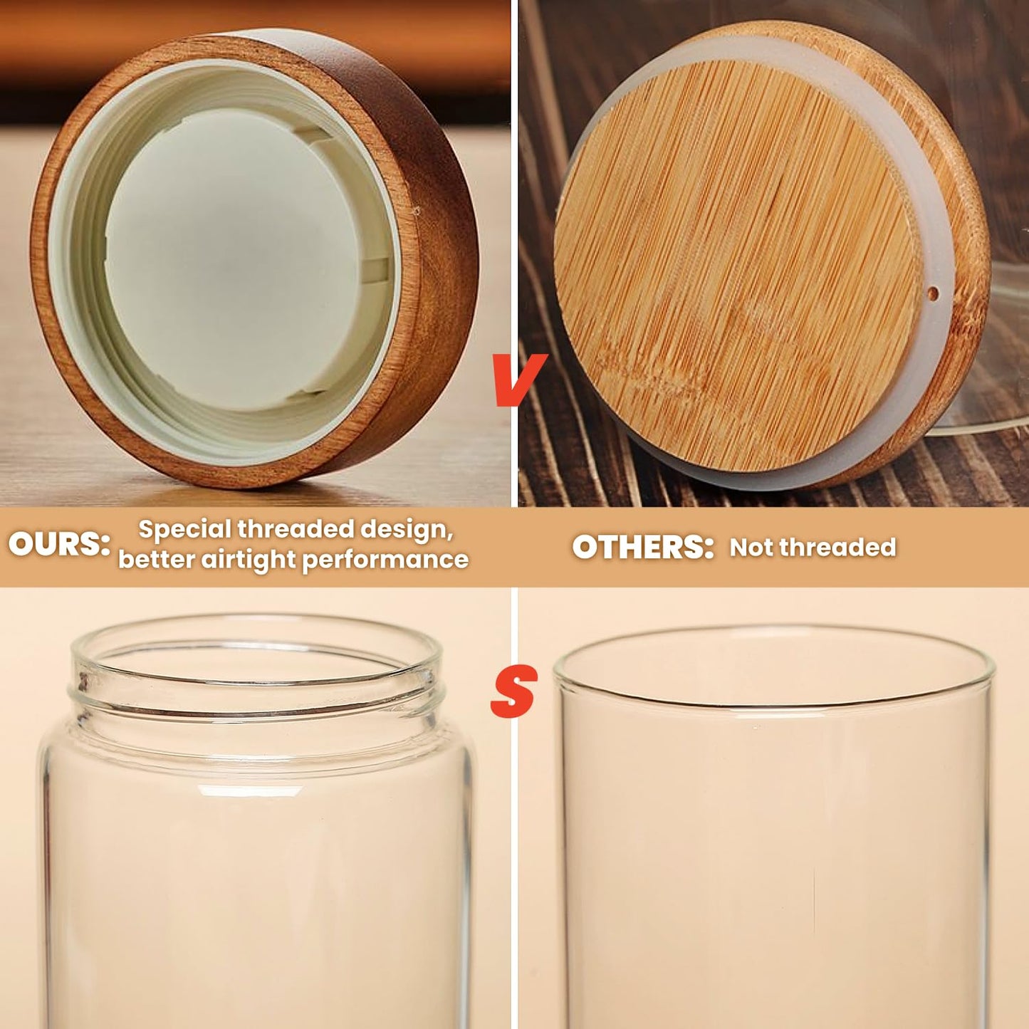 Brighomrom Set of 2 Glass Food Storage Jars, Premium Clear Glass Container Jar with Airtight Wooden Screw-on Lid, Kitchen Canisters for Coffee,Tea,Pasta,Cookies, Nuts,Spice,Candy,Overnight Oatmeal