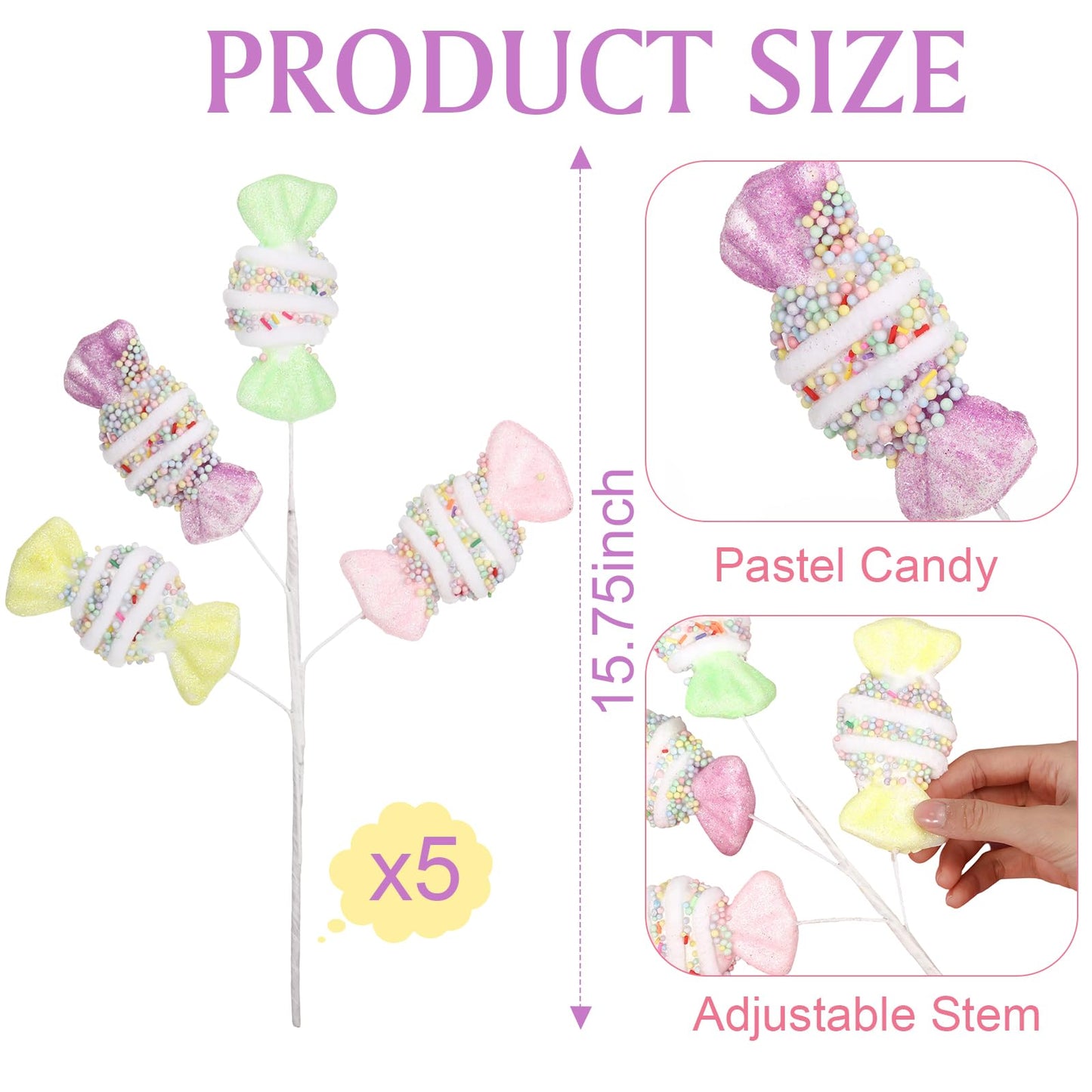 Norme 5 Pcs 16 Inch Pastel Candy Christmas Tree Picks Decoration, Gitter Candy and Lollipop Picks for Christmas Tree Branches, Xmas Ornaments for Wreath Vase Filler Home(Bow Sweets)