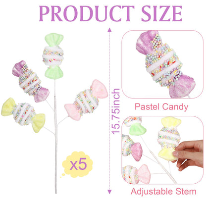 Norme 5 Pcs 16 Inch Pastel Candy Christmas Tree Picks Decoration, Gitter Candy and Lollipop Picks for Christmas Tree Branches, Xmas Ornaments for Wreath Vase Filler Home(Bow Sweets)
