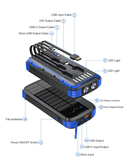 Solar Charger Power Bank, 40000mAh Portable Charger PD 20W Fast Charging Solar Power Bank Built in 4 Cables and USB-C in/Output, Camping Essentials External Battery Pack with Flashlights