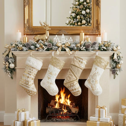 Valery Madelyn Christmas Stockings Decorations, 21 Inch Fabric 2 Pack White Gold Corrugation Exquisite Plush Personalized Fireplace Hanging Ornament for Holiday Xmas Party Decor