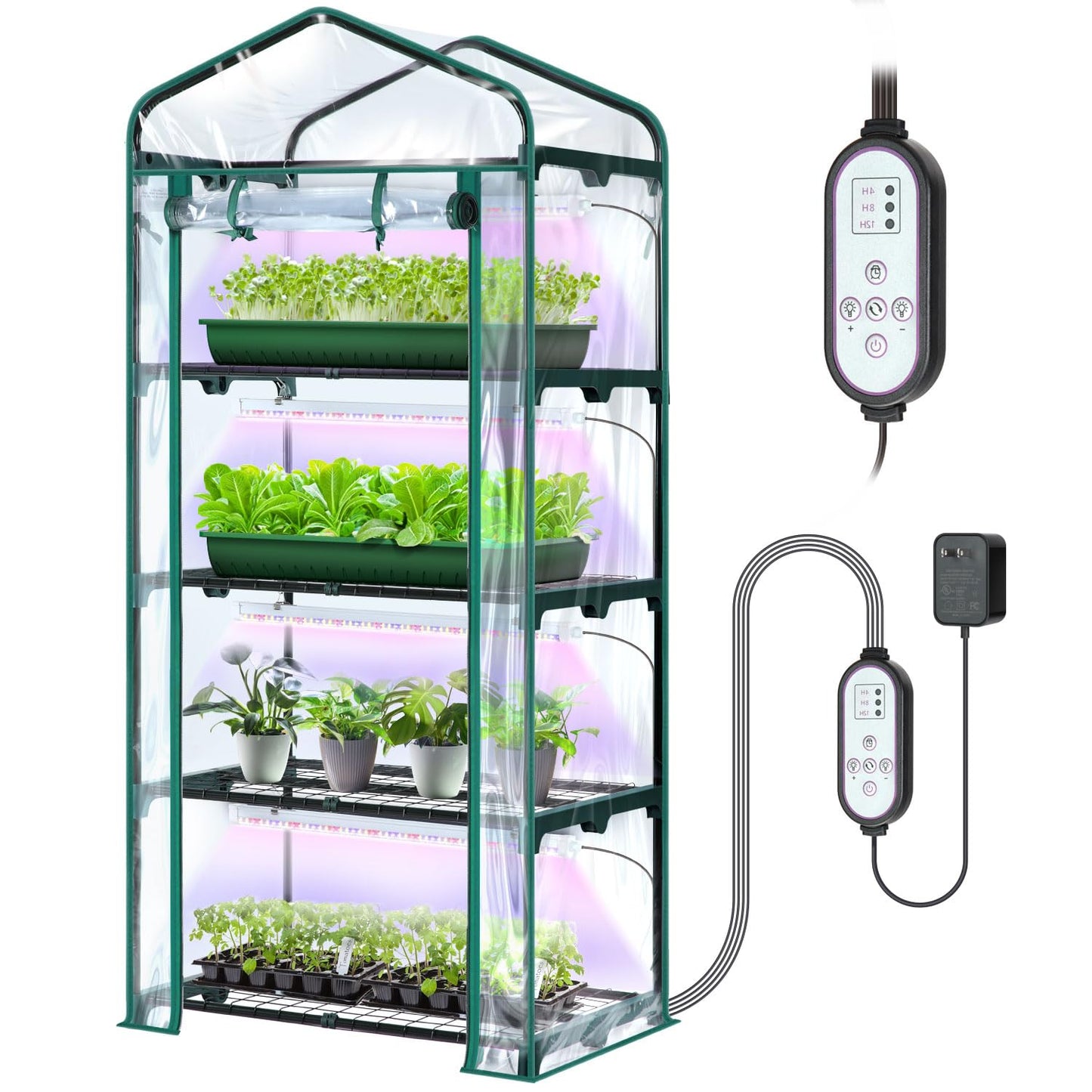 Indoor Greenhouse with Grow Light, Ohuhu 4-Tier Mini Green House for Winter - Full Spectrum Greenhouses for Seed Starting Small Portable Green Houses Waterproof PVC Cover & Adjustable Shelves