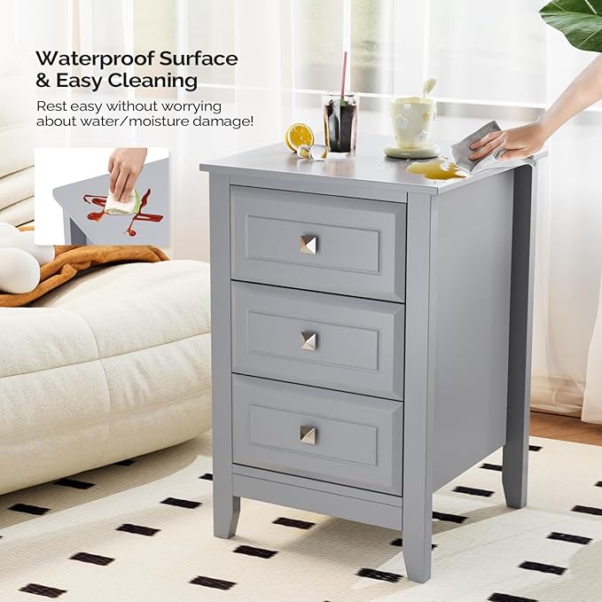Bonnlo Gray Nightstands Set of 2, 3 Drawer Nightstand, Modern Night Stand