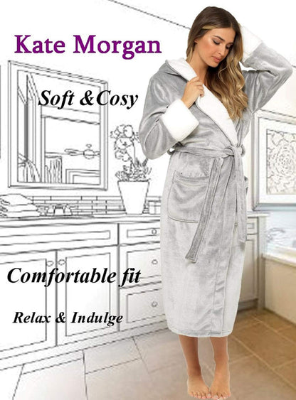 KATE MORGAN Ladies Soft & Cosy Hooded Dressing Gown (12-14, Grey Shimmer)