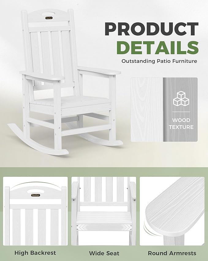 Oversized Outdoor Rocking Chair, High Back Patio Rocking Chair, HDPE All Weather Resistant Rocking Chairs for Patio,380lbs Weight Capacity, White