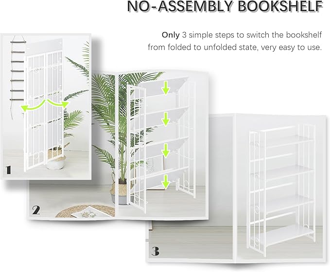 4NM No Assembly 4 Tiers Folding Bookshelf, 47.2" H Foldable Storage Shelves