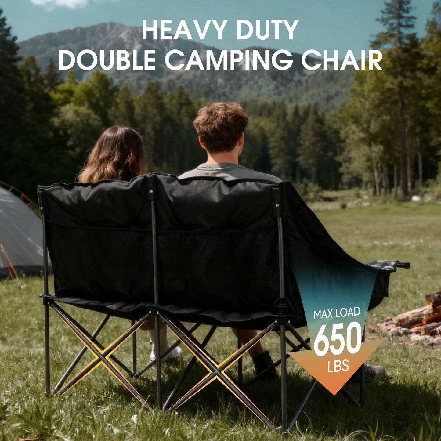 Bolosy Double Camping Chair Padded Loveseat Camping Couch Oversized 2 Person Camp Chairs for Adults Heavy Duty Two Person Folding Lawn Chair Camping Sofa with Cup Holders, Plaid