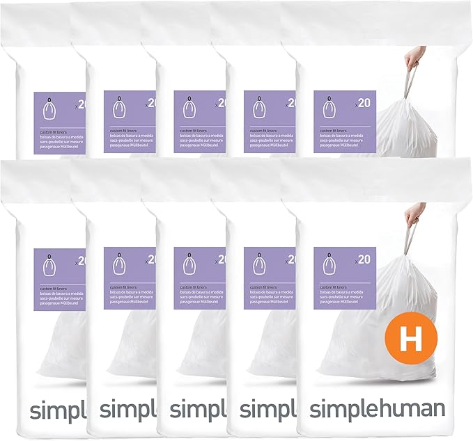 simplehuman Code H 200 Count, Dispenser Pack Custom Fit Liners, Drawstring