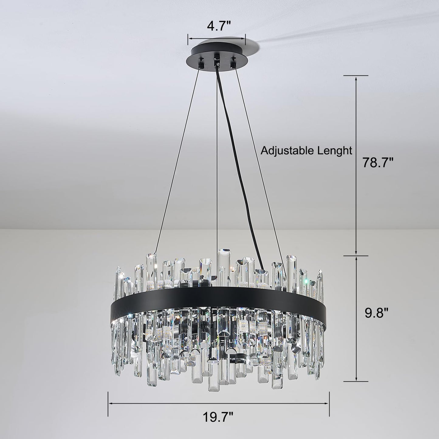 chandiry Round Crystal Chandeliers, D19.7 inch 12-Light Black Chandelier Lighting Fixture, Height Adjustable Pendant Ceiling Light for Living Room Dining Room Bedroom