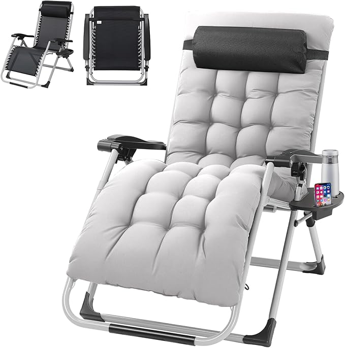 VINGLI 29" Padded Zero Gravity Chair, Lounge Chair with Removable Cushion & Tray， Folding Reclining Patio Chairs， Recliner Chair for Lawn，Indoor Outdoor-Grey