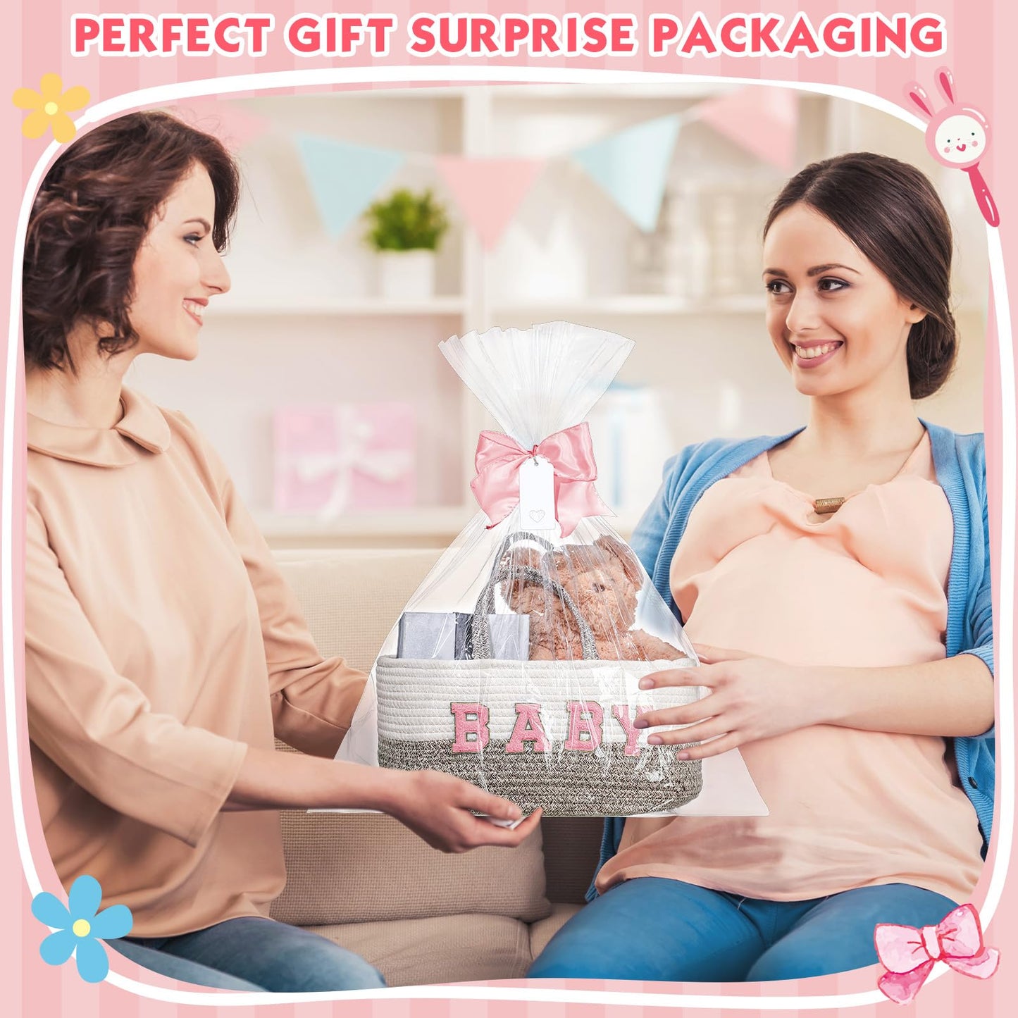 Beeveer Personalized Baby Basket Custom Diaper Caddy Organizer with Bow Portable Cotton Rope Basket Storage for Nursery Baby Shower Christmas Gifts(Pink)