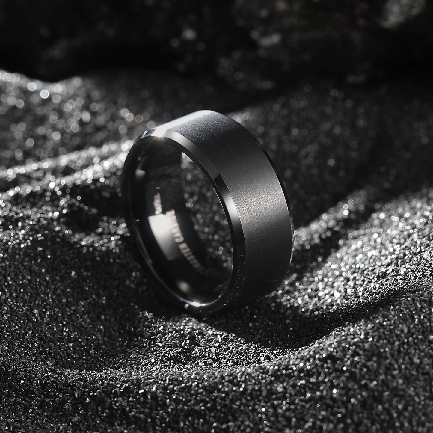 King Will 8mm Men's Black Wedding Ring - Brushed Matte Surface, Beveled Polished Edge, Comfort Fit Size 16