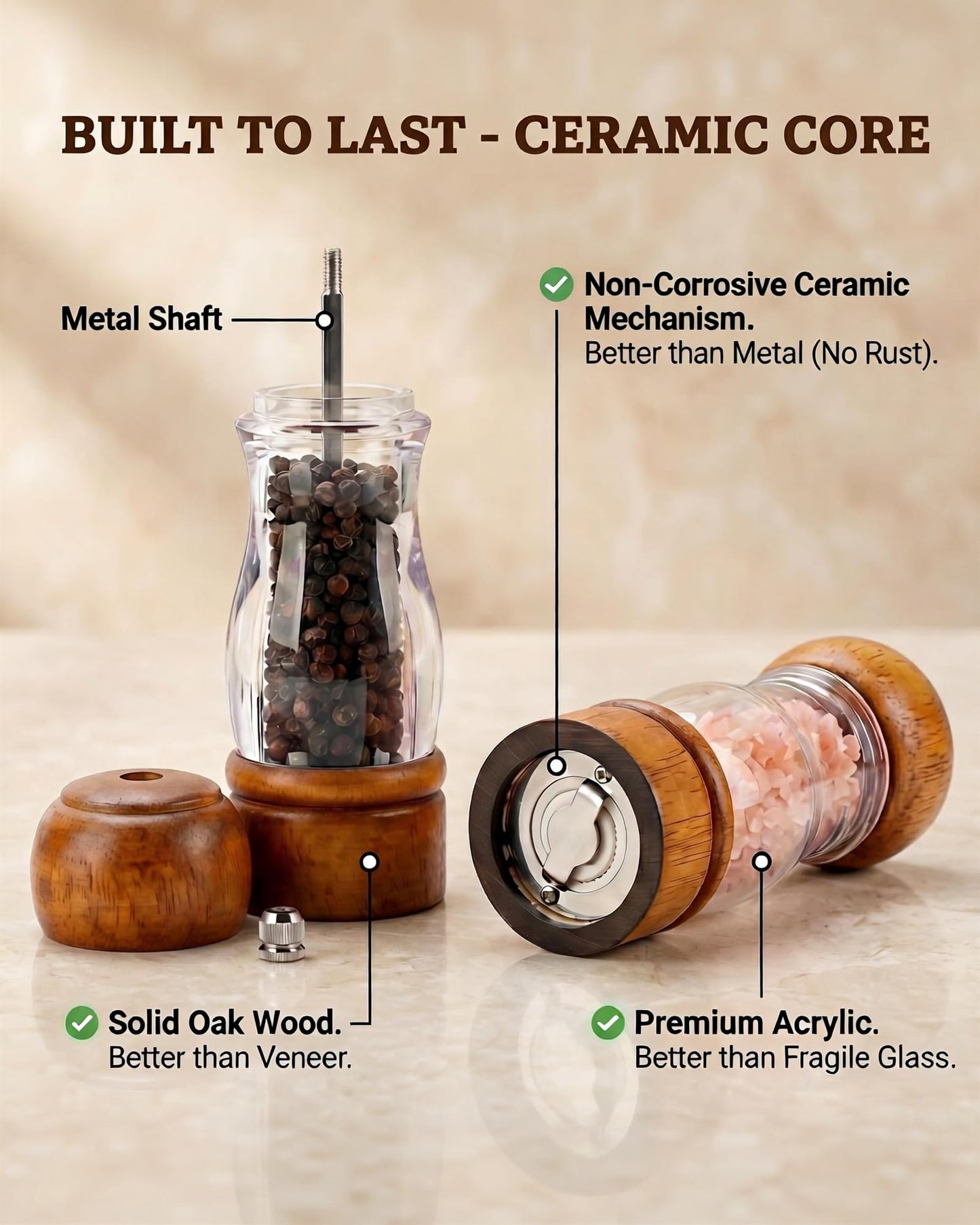 Dzmbv Wooden Salt and Pepper Grinder Set with Tray - 6.3 Inch Refillable Manual Pepper Mill & Sea Salt Grinder, Acrylic Window, Adjustable Ceramic Rotor for Peppercorns, House Warming Gifts