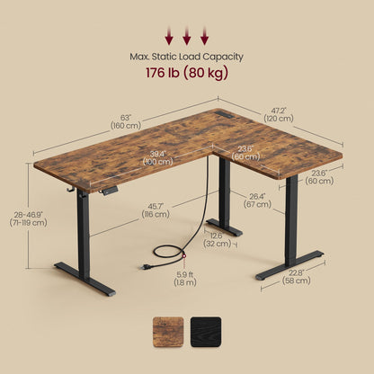 VASAGLE L Shaped Electric Standing Desk, 63 x 47.2 Inches, Height Adjustable Corner Desk with Power Outlets, 2 Memory Buttons, Easy to Assemble, for Home Office, Rustic Brown ULSD242K01