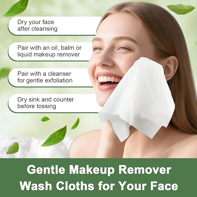 Face Towels Disposable, 12” x 10” Biobased Facial Towelettes, Large Soft &