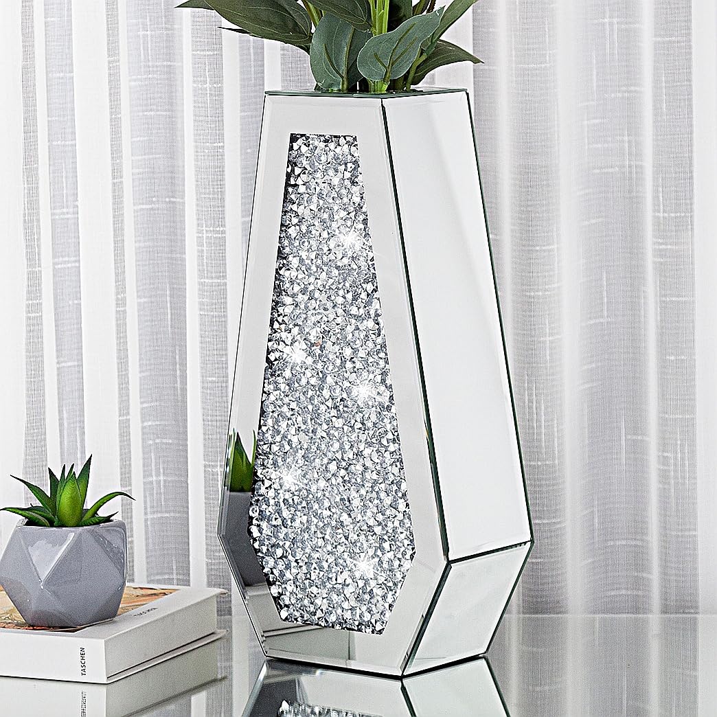 Crushed Diamond Mirrored Flower Vase Large Glass Vase Modern Crystal Decorative Mirror Vases Stunning Luxury Tall Floor Vase for Centerpieces Flowers Home Decor, Silver, 14" H. Can’t Hold Water.