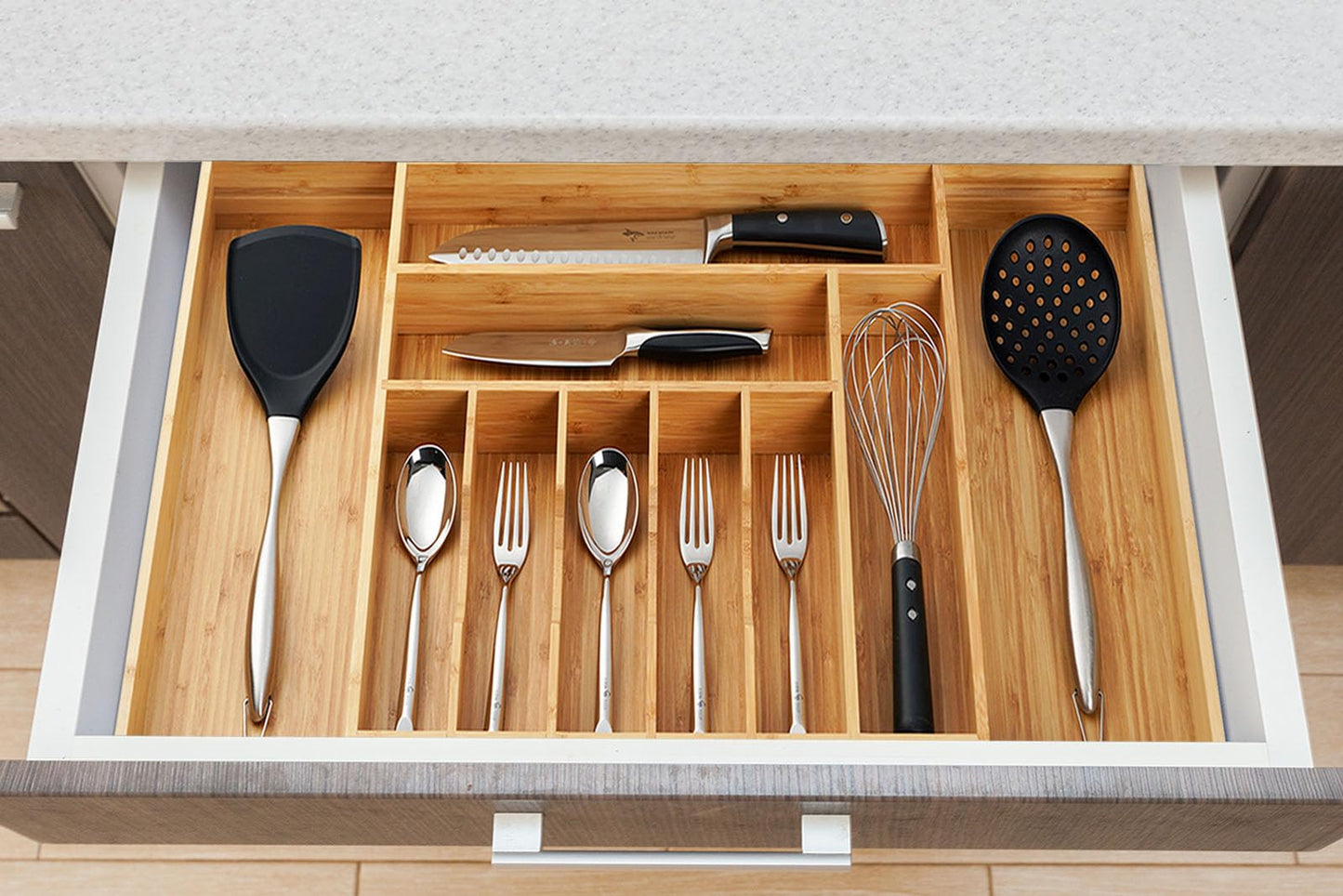 Umilife Bamboo Kitchen Drawer Organizer, 13 Inch Silverware Utensil Tray Holder, Extra Deep Grooved Drawer Divider, 7 Slots Total Bamboo Wood Caddy for Flatware Cutlery Knives, Forks, Spoons