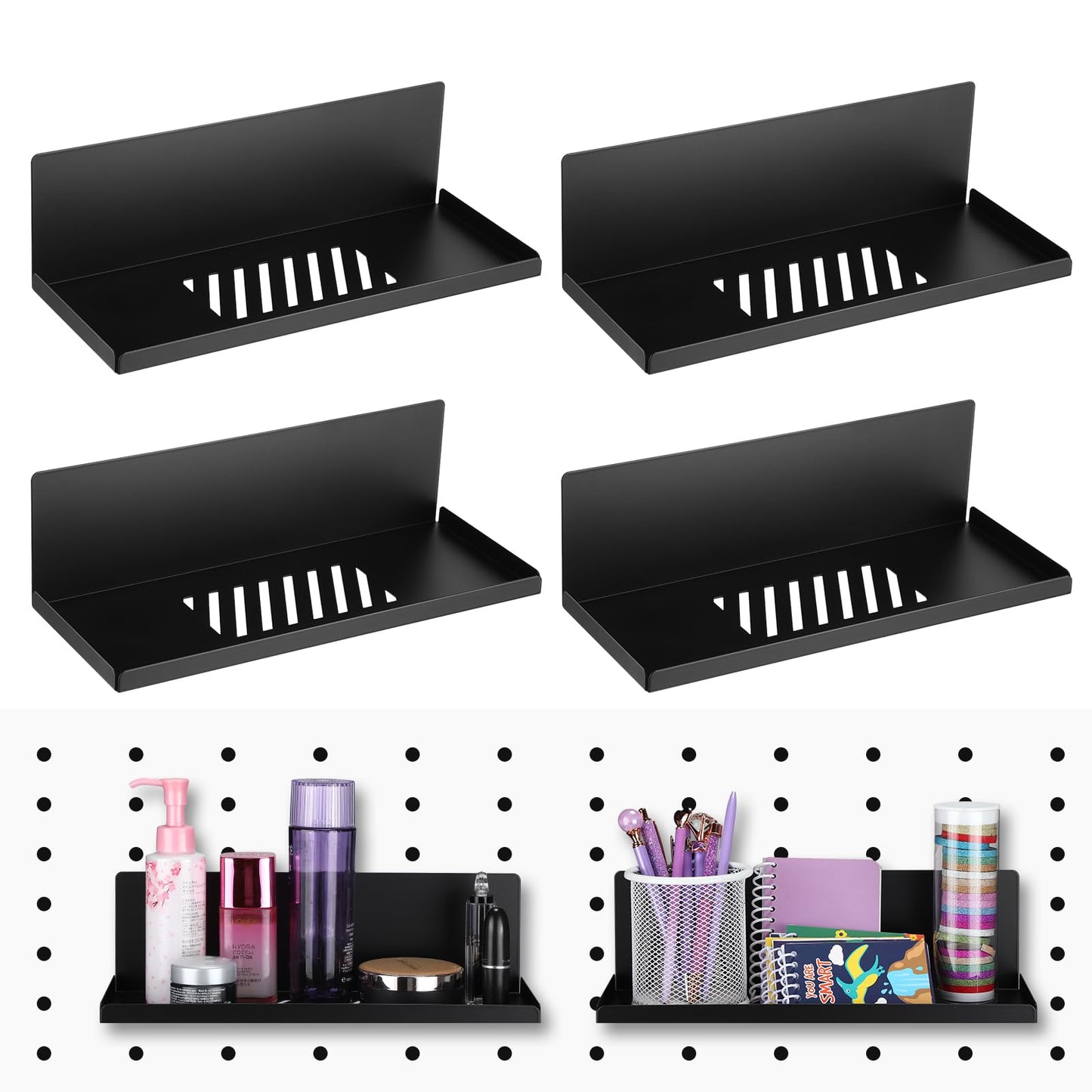 Therwen 4 Pack Magnetic Pegboard Shelves Wall Organizer Metal Pegboard Shelf Steel Tray Accessories Organizing Tools for Craft Home Kitchen(12 x 4.8 x 3.6 Inches,Black)